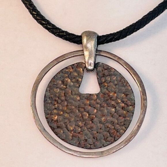 Necklace Large Silver Metal Statement Pendent Braided Black Cord Lobster Closure - Picture 3 of 4